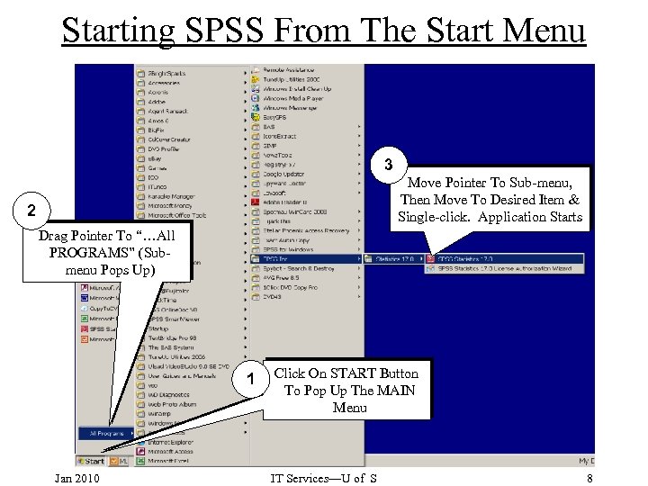 Starting SPSS From The Start Menu 3 Move Pointer To Sub-menu, Then Move To