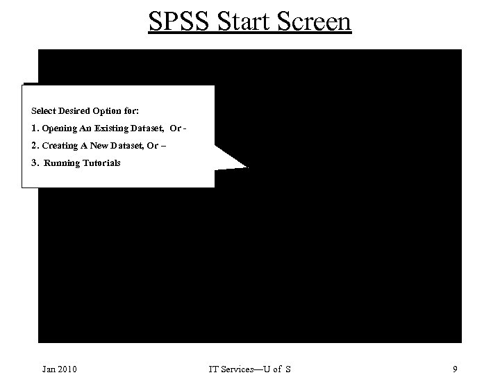 SPSS Start Screen Select Desired Option for: 1. Opening An Existing Dataset, Or 2.