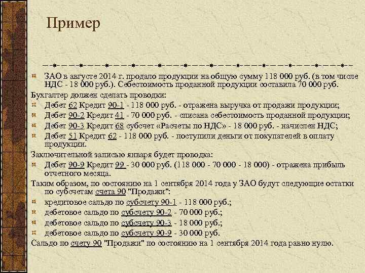 Пример ЗАО в августе 2014 г. продало продукции на общую сумму 118 000 руб.