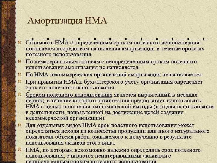 Амортизация НМА Стоимость НМА с определенным сроком полезного использования погашается посредством начисления амортизации в