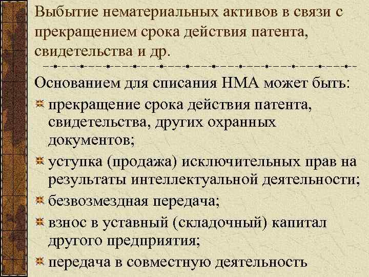 Выбытие нематериальных активов в связи с прекращением срока действия патента, свидетельства и др. Основанием