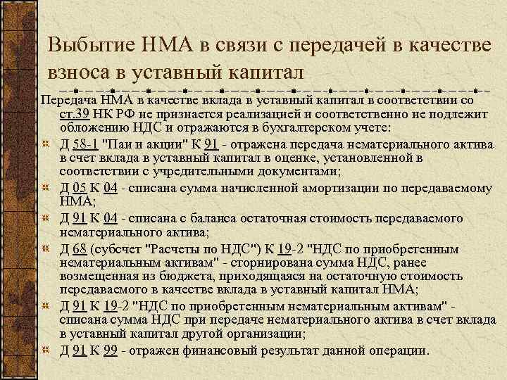 Выбытие НМА в связи с передачей в качестве взноса в уставный капитал Передача НМА