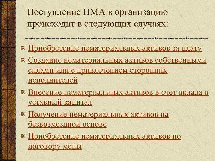 Поступление НМА в организацию происходит в следующих случаях: Приобретение нематериальных активов за плату Создание