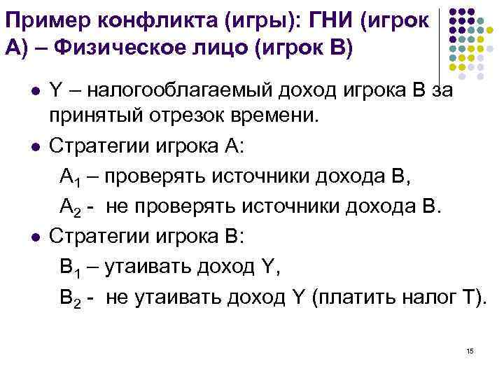 Пример конфликта (игры): ГНИ (игрок А) – Физическое лицо (игрок В) l l l