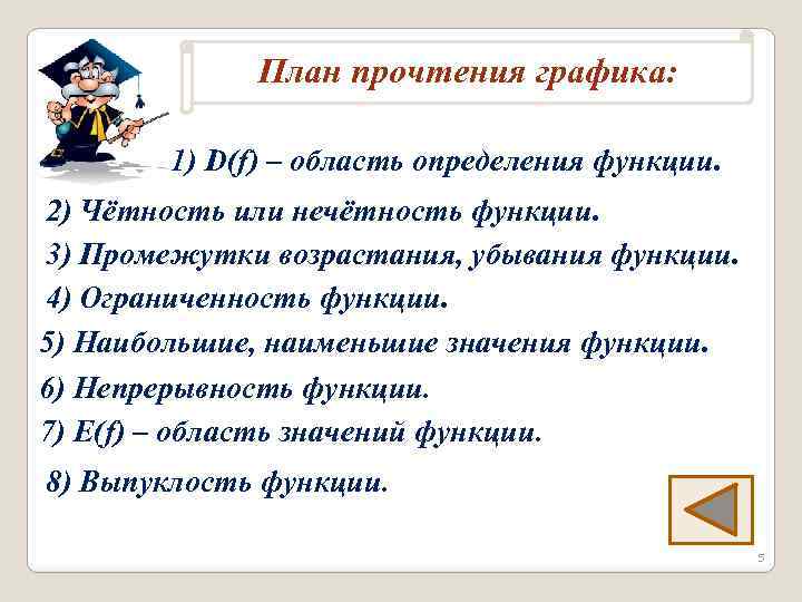 План прочтения графика: 1) D(f) – область определения функции. 2) Чётность или нечётность функции.