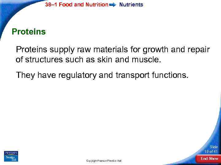 38– 1 Food and Nutrition Nutrients Proteins supply raw materials for growth and repair