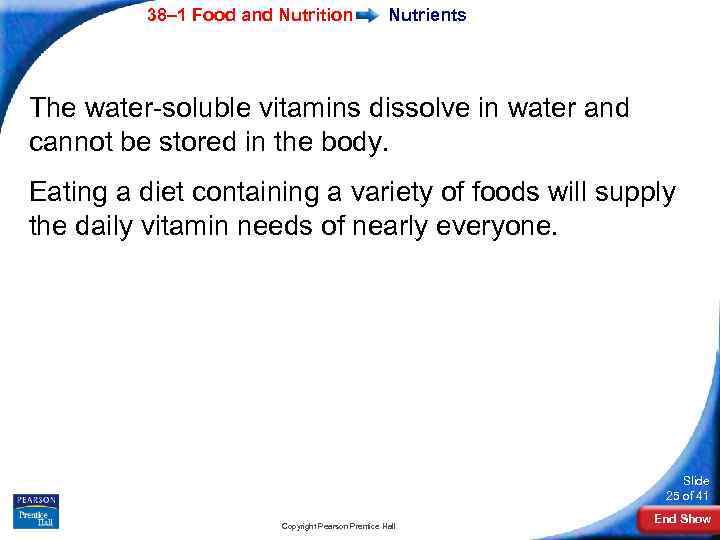 38– 1 Food and Nutrition Nutrients The water-soluble vitamins dissolve in water and cannot