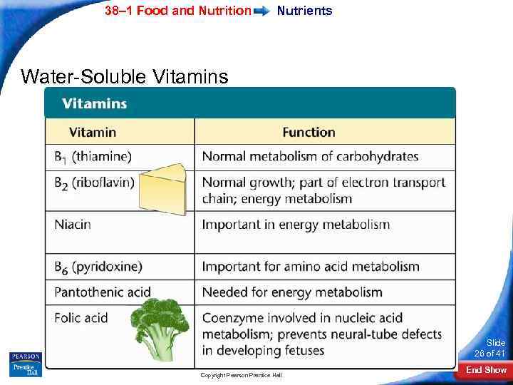 38– 1 Food and Nutrition Nutrients Water-Soluble Vitamins Slide 26 of 41 Copyright Pearson