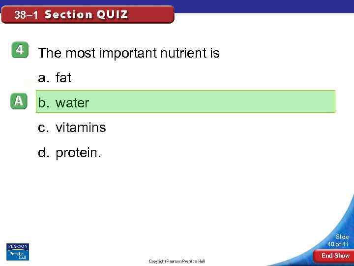 38– 1 The most important nutrient is a. fat b. water c. vitamins d.
