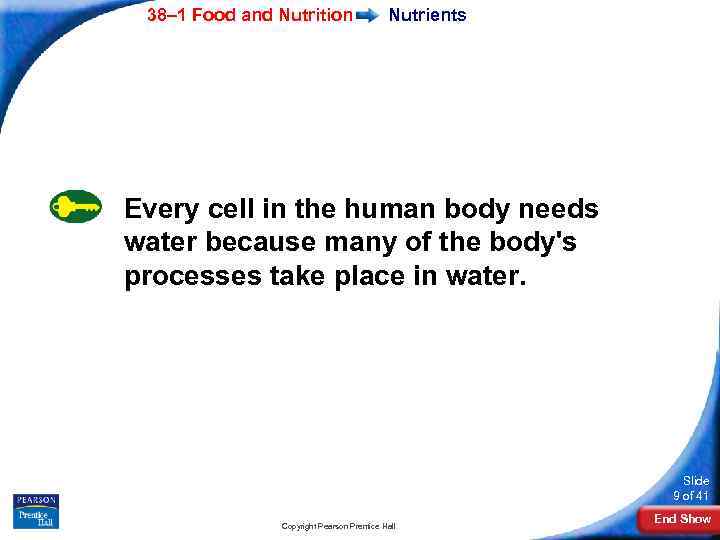 38– 1 Food and Nutrition Nutrients Every cell in the human body needs water
