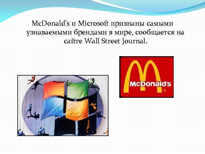 Mc. Donald's и Microsoft признаны самыми узнаваемыми брендами в мире, сообщается на сайте Wall