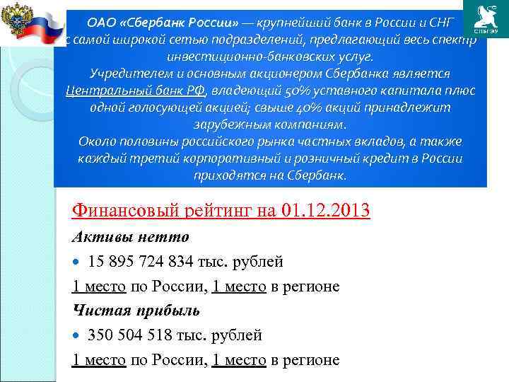 ОАО «Сбербанк России» — крупнейший банк в России и СНГ с самой широкой сетью