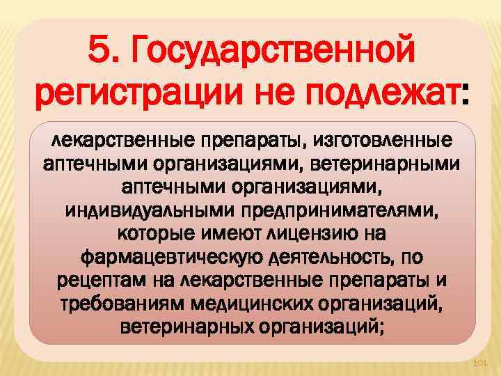 5. Государственной регистрации не подлежат: лекарственные препараты, изготовленные аптечными организациями, ветеринарными аптечными организациями, индивидуальными