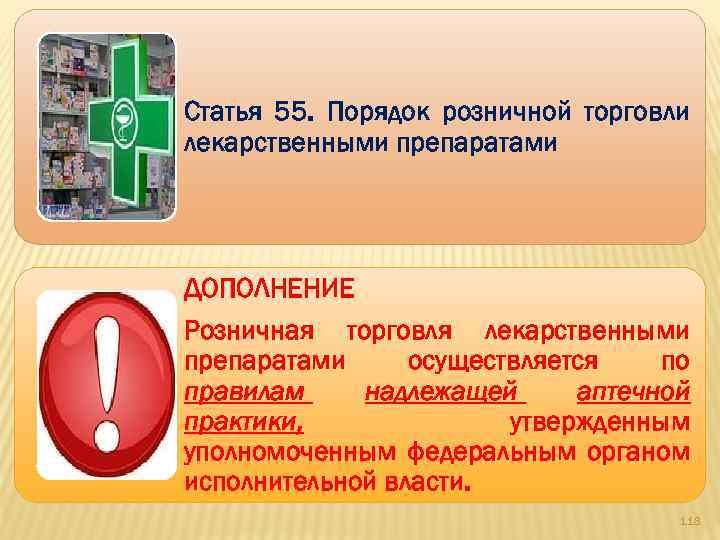 Статья 55. Порядок розничной торговли лекарственными препаратами ДОПОЛНЕНИЕ Розничная торговля лекарственными препаратами осуществляется по