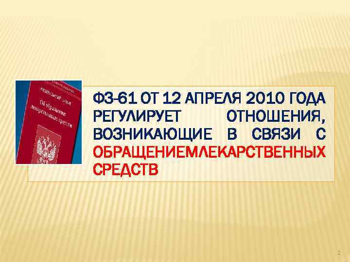 ФЗ-61 ОТ 12 АПРЕЛЯ 2010 ГОДА РЕГУЛИРУЕТ ОТНОШЕНИЯ, ВОЗНИКАЮЩИЕ В СВЯЗИ С ОБРАЩЕНИЕМЛЕКАРСТВЕННЫХ СРЕДСТВ