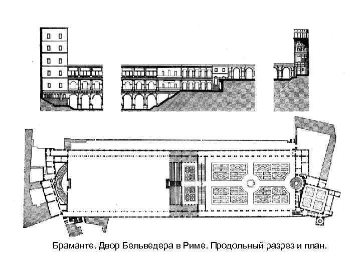 Браманте. Двор Бельведера в Риме. Продольный разрез и план. 