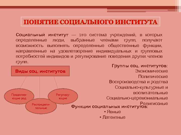 Социальный институт — это система учреждений, в которых определенные люди, выбранные членами групп, получают