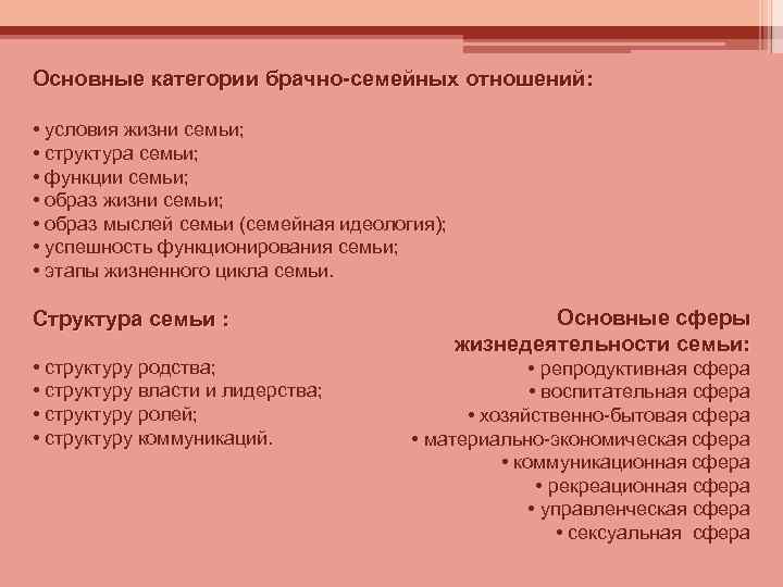 Основные категории брачно-семейных отношений: • условия жизни семьи; • структура семьи; • функции семьи;