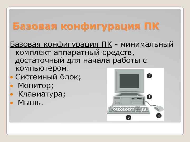 Базовая конфигурация ПК - минимальный комплект аппаратный средств, достаточный для начала работы с компьютером.