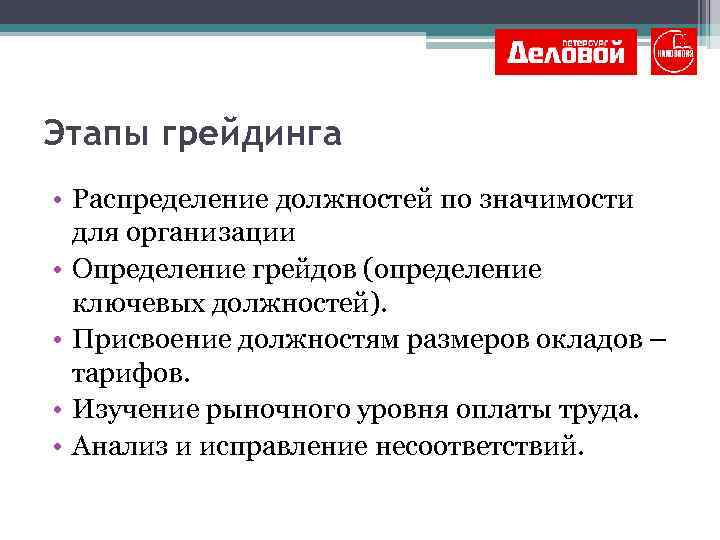 Этапы грейдинга • Распределение должностей по значимости для организации • Определение грейдов (определение ключевых