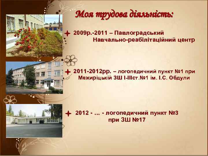 Моя трудова діяльність: 2009 р. -2011 – Павлоградський Навчально-реабілітаційний центр 2011 -2012 рр. –