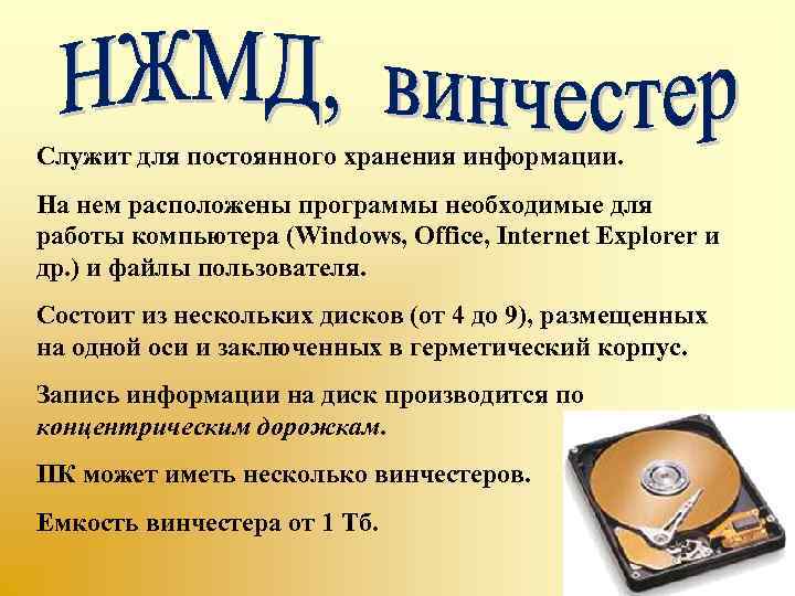 Служит для постоянного хранения информации. На нем расположены программы необходимые для работы компьютера (Windows,
