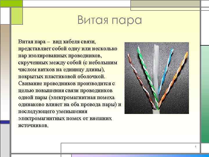 Витая пара – вид кабеля связи, представляет собой одну или несколько пар изолированных проводников,