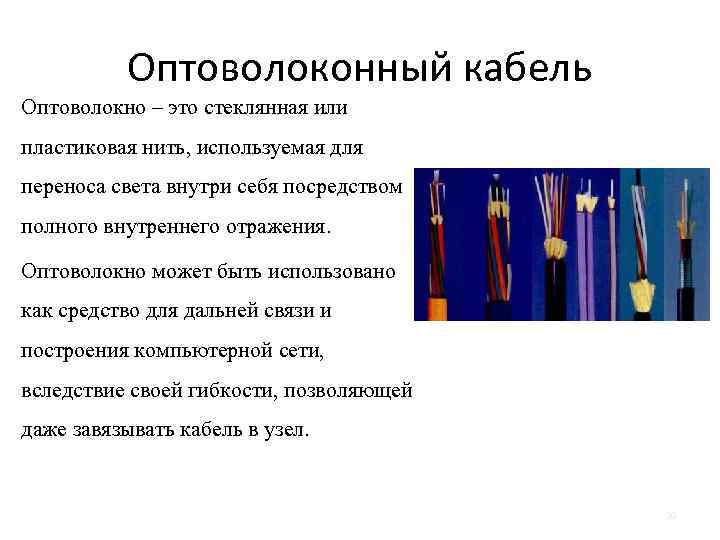 Оптоволоконный кабель Оптоволокно – это стеклянная или пластиковая нить, используемая для переноса света внутри