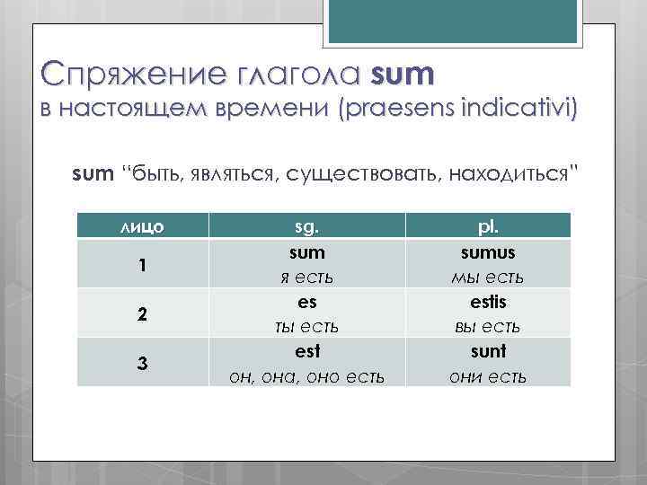 Спряжение глагола sum в настоящем времени (praesens indicativi) sum “быть, являться, существовать, находиться” лицо