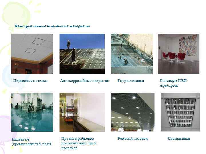 Конструктивные отделочные материалы Подвесные потолки Наливные (промышленные) полы Антикоррозийные покрытия Противогрибковое покрытие для стен