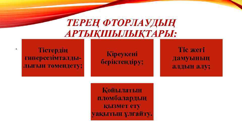 ТЕРЕҢ ФТОРЛАУДЫҢ АРТЫҚШЫЛЫҚТАРЫ: . Тістердің гиперсезімталдылығын төмендету; Кіреукені беріктендіру; Қойылатын пломбалардың қызмет ету уақытын