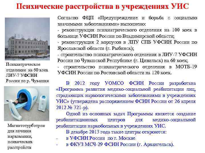 Психические расстройства в учреждениях УИС Психиатрическое отделение на 60 коек ЛИУ-7 УФСИН России по