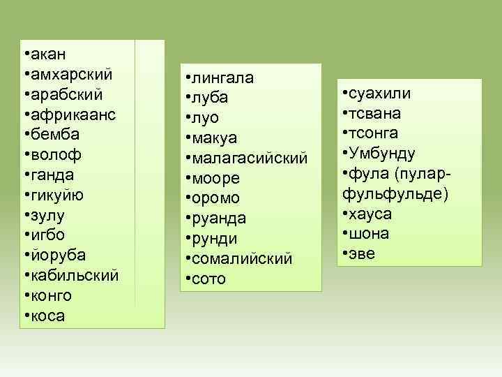  • акан • амхарский • арабский • африкаанс • бемба • волоф •