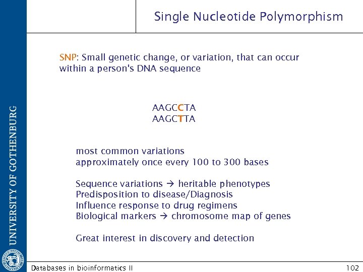 Single Nucleotide Polymorphism SNP: Small genetic change, or variation, that can occur within a