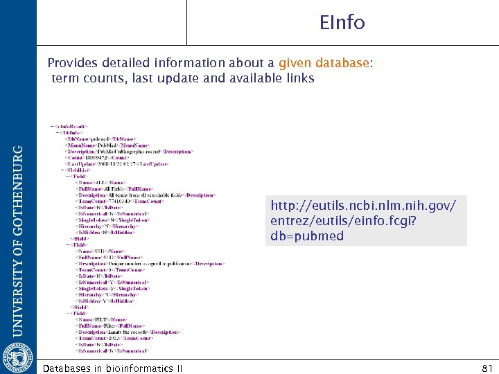 EInfo Provides detailed information about a given database: term counts, last update and available