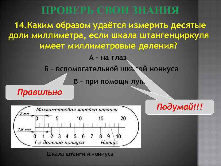 ПРОВЕРЬ СВОИ ЗНАНИЯ 14. Каким образом удаётся измерить десятые доли миллиметра, если шкала штангенциркуля