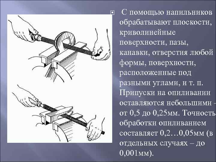  С помощью напильников обрабатывают плоскости, криволинейные поверхности, пазы, канавки, отверстия любой формы, поверхности,