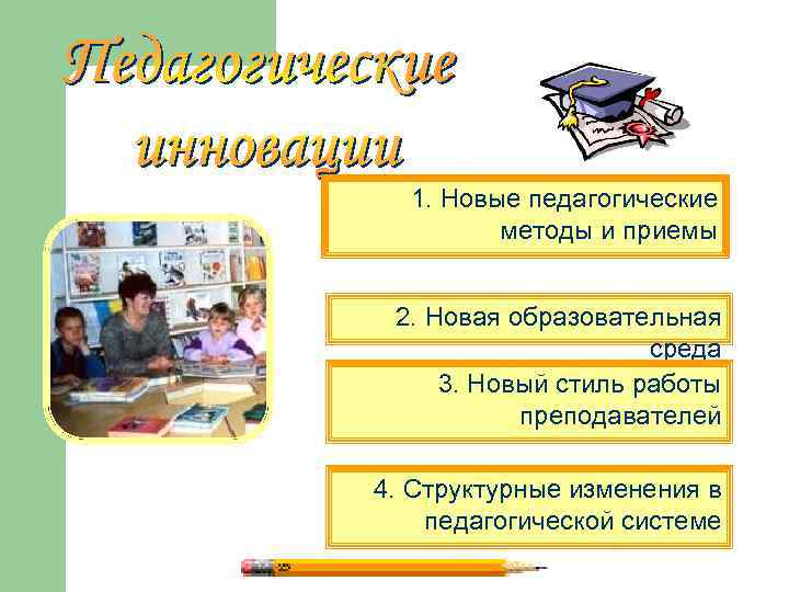 1. Новые педагогические методы и приемы 2. Новая образовательная среда 3. Новый стиль работы