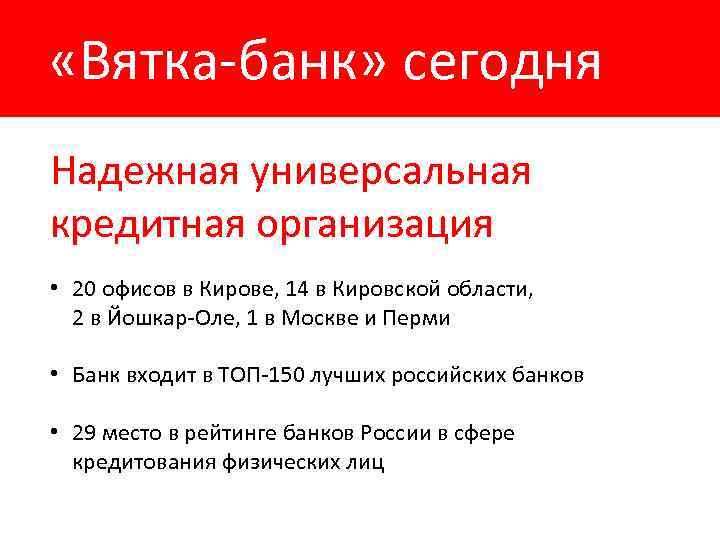  «Вятка-банк» сегодня Надежная универсальная кредитная организация • 20 офисов в Кирове, 14 в