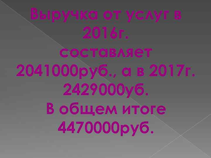 Выручка от услуг в 2016 г. составляет 2041000 руб. , а в 2017 г.