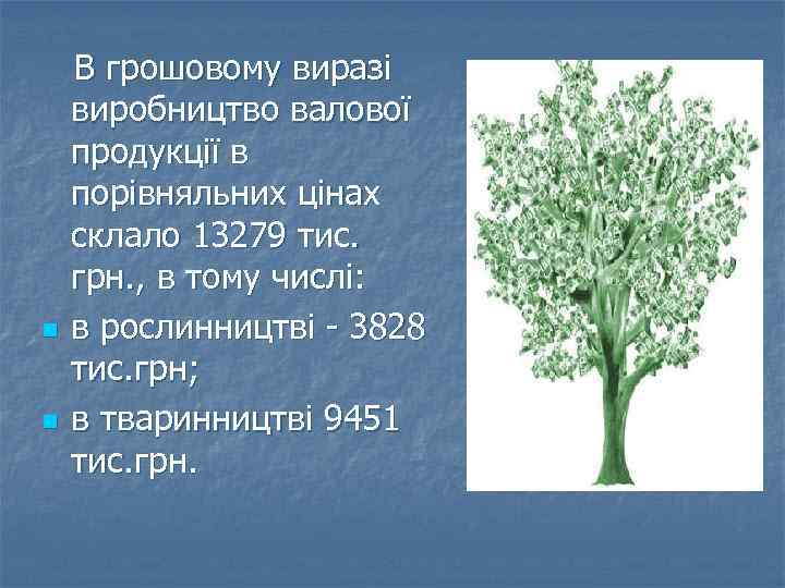 n n В грошовому виразі виробництво валової продукції в порівняльних цінах склало 13279 тис.