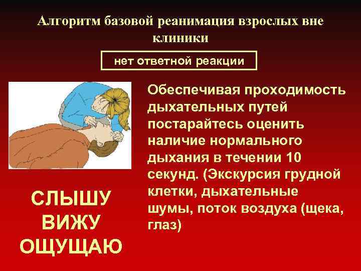 Алгоритм базовой реанимация взрослых вне клиники нет ответной реакции СЛЫШУ ВИЖУ ОЩУЩАЮ Обеспечивая проходимость