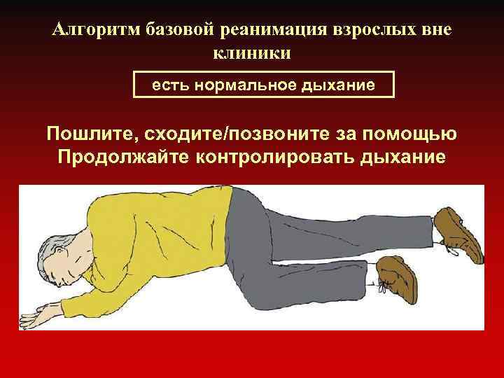 Алгоритм базовой реанимация взрослых вне клиники есть нормальное дыхание Пошлите, сходите/позвоните за помощью Продолжайте