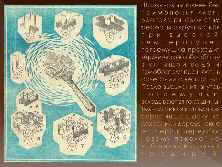 Шаркунок выполнен без применения клея. Благодаря свойству бересты скручиваться п р и в ы