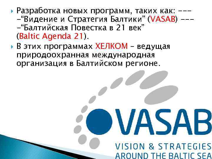  Разработка новых программ, таких как: ---“Видение и Стратегия Балтики” (VASAB) ---“Балтийская Повестка в