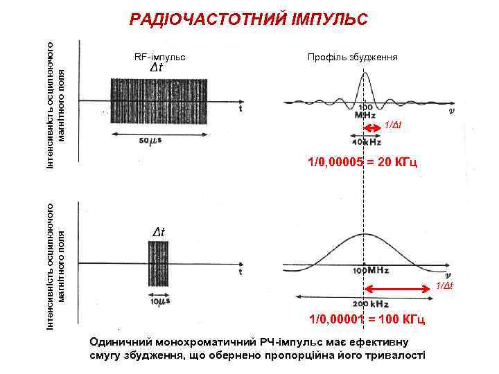 Інтенсивність осцилюючого магнітного поля РАДІОЧАСТОТНИЙ ІМПУЛЬС RF-імпульс Δt Профіль збудження 1/Δt 1/0, 00005 =