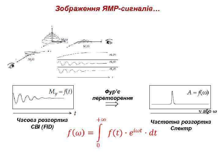 Зображення ЯМР-сигналів… Фур’є перетворення ν або ω Часова розгортка СВІ (FID) Частотна розгортка Спектр