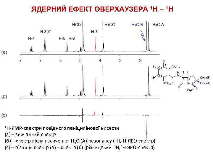 ЯДЕРНИЙ ЕФЕКТ ОВЕРХАУЗЕРА 1 H – 1 H 1 Н-ЯМР-спектри похідного пеніцилінової кислоти (а)