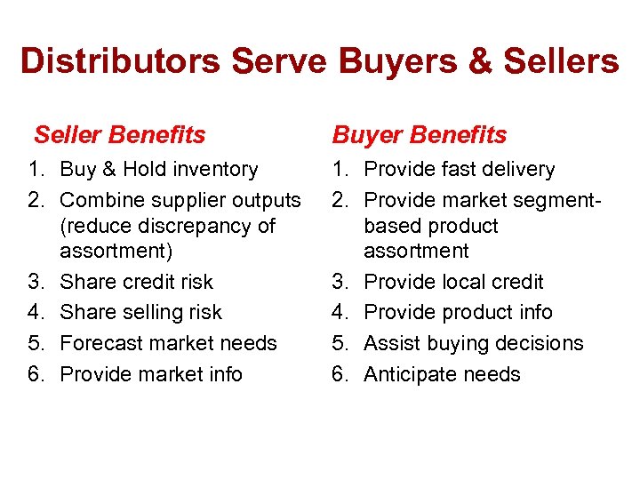 Distributors Serve Buyers & Sellers Seller Benefits Buyer Benefits 1. Buy & Hold inventory
