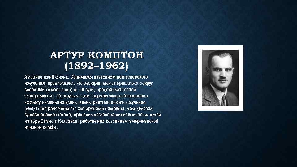 АРТУР КОМПТОН (1892– 1962) Американский физик. Занимался изучением рентгеновского излучения; предположил, что электрон может